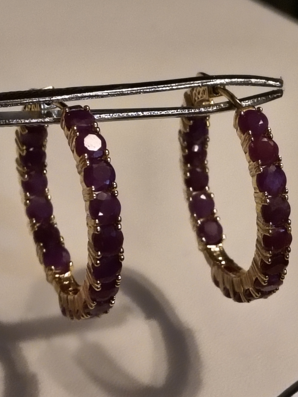 Exquisite DK Gold Over Sterling Silver Ruby Inside Out Hoop Earrings Signed